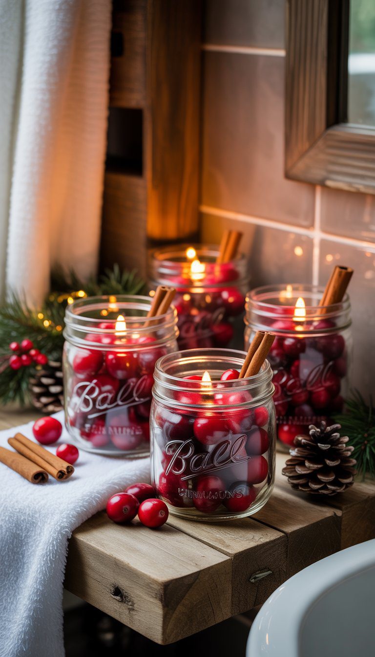 Mason jar candle holders filled with cranberries and cinnamon sticks on a wooden bathroom shelf with towels and pine cones.
