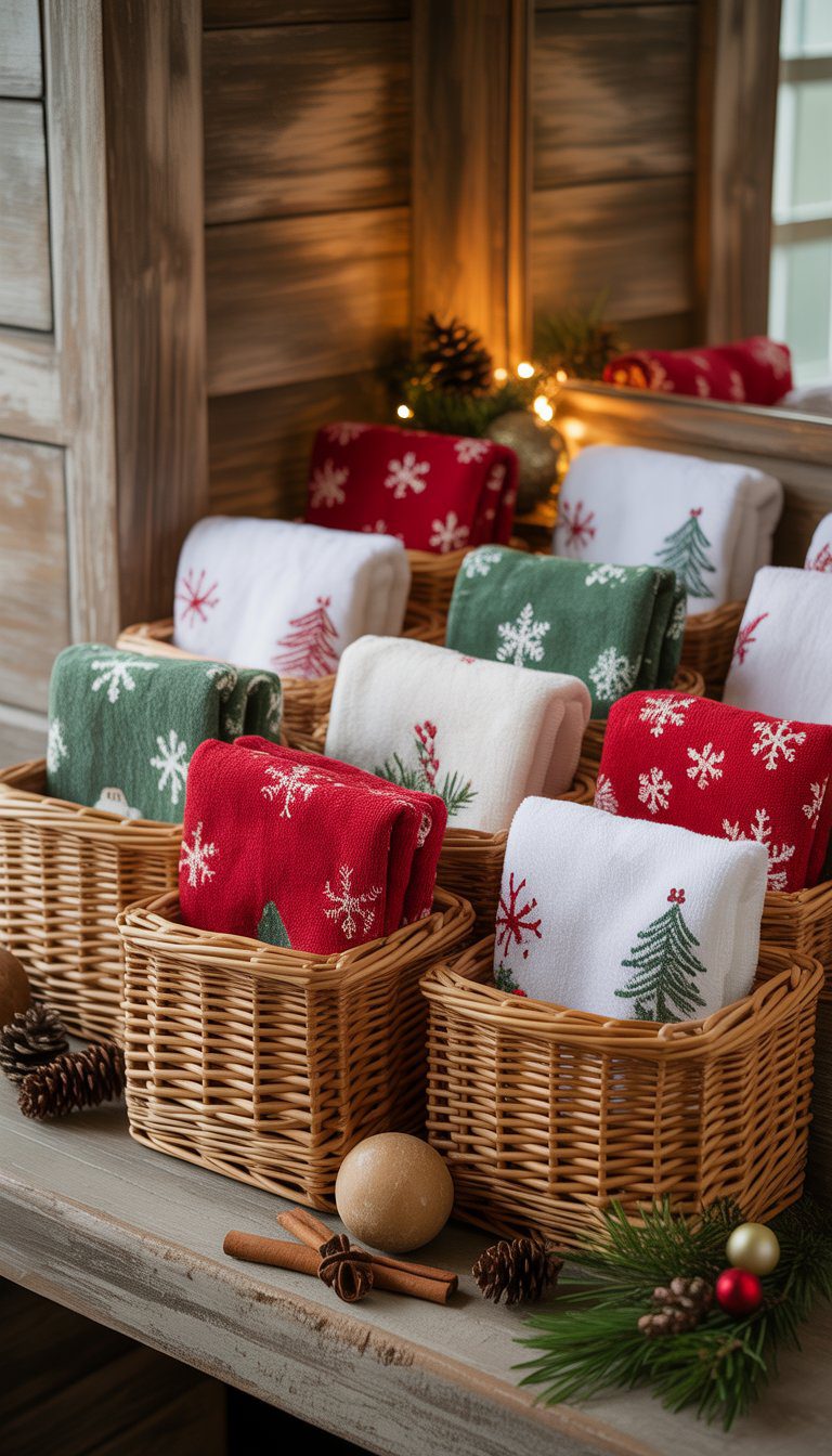 Woven wicker baskets holding folded holiday hand towels on a wooden bathroom shelf with Christmas decorations around them.
