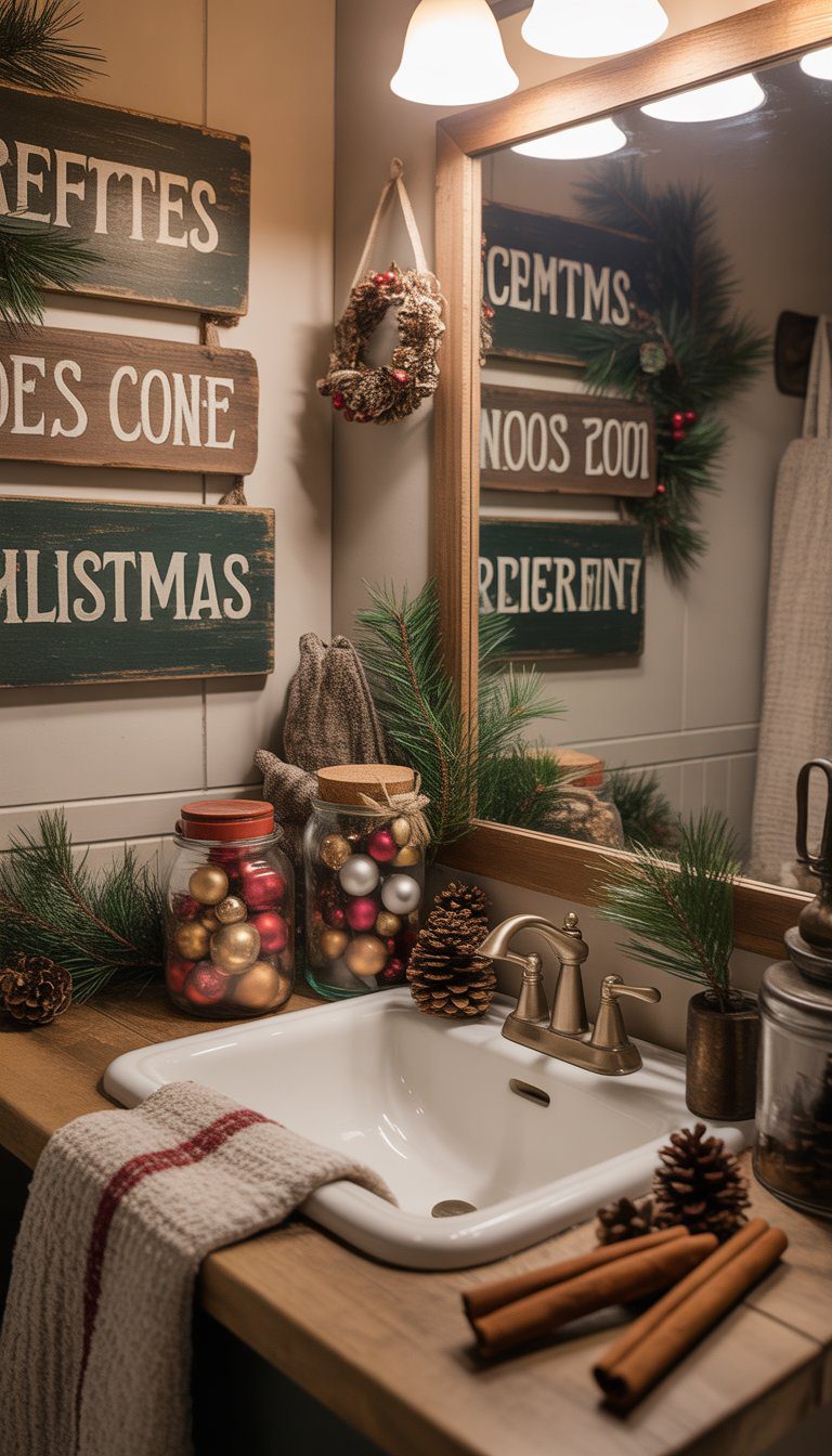 A bathroom decorated for Christmas with wooden signs, pine branches, pinecones, and festive ornaments arranged around the sink and shelves.