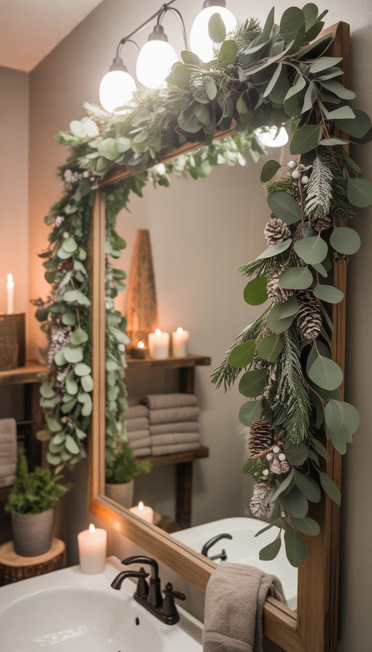 Bathroom mirror decorated with eucalyptus garlands and rustic Christmas decor.