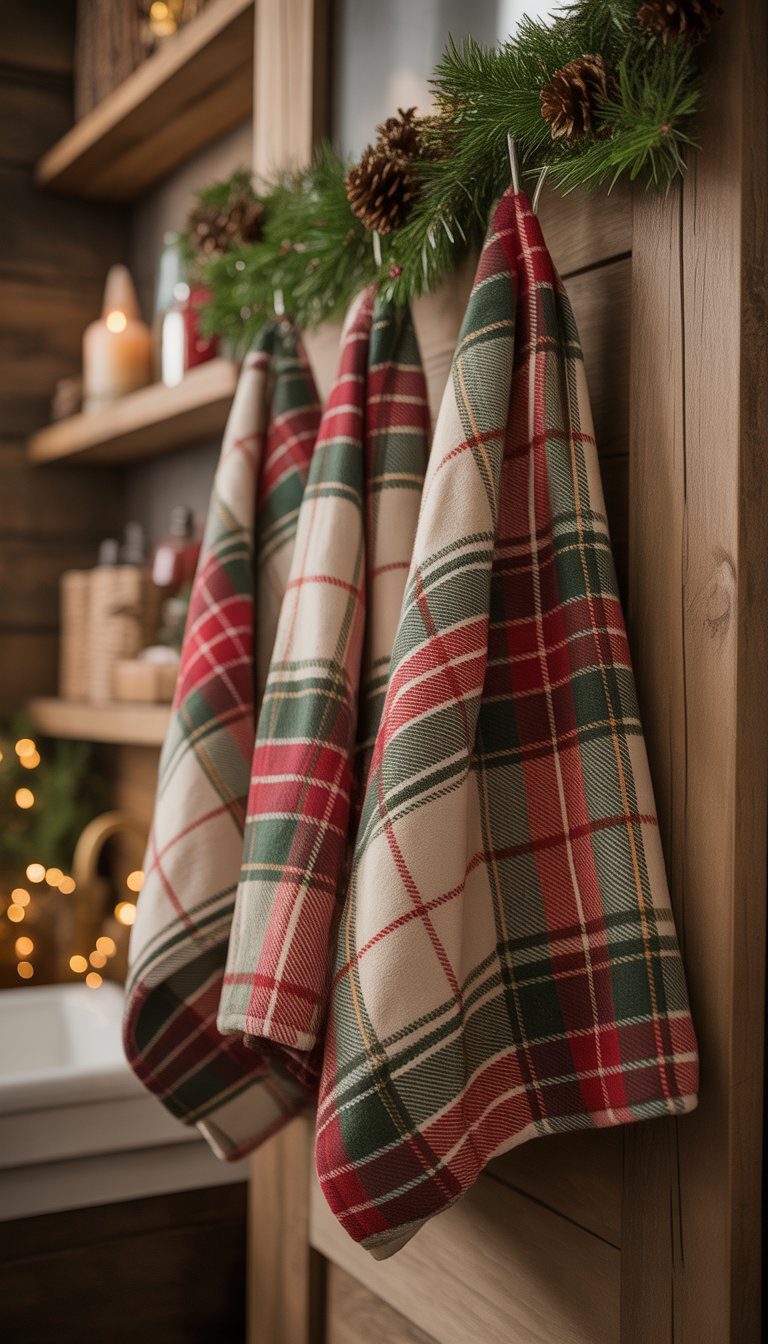 Plaid flannel hand towels hanging in a rustic bathroom decorated with Christmas greenery and pinecones.
