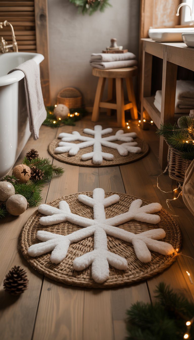 A bathroom with snowflake-patterned natural fiber bath mats on a wooden floor, decorated with pine cones and evergreen sprigs for Christmas.