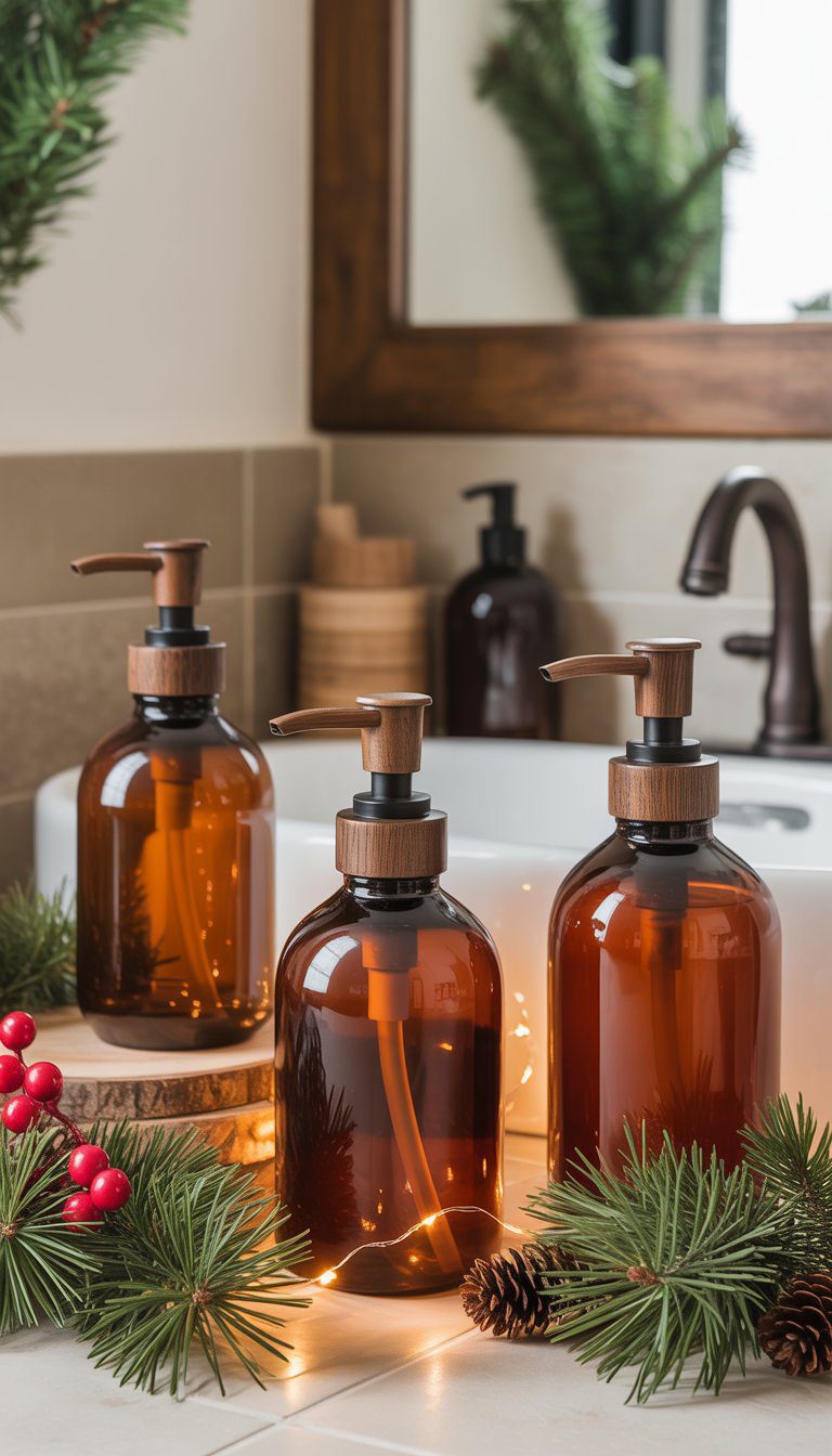 Amber glass soap dispensers with wood pump tops on a bathroom counter decorated with pine branches, red berries, and pine cones.