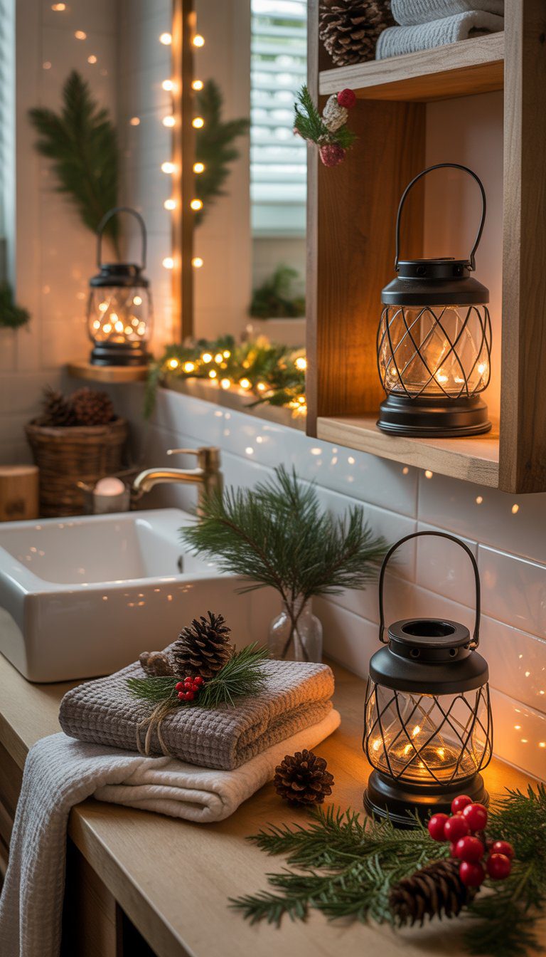 A bathroom decorated for Christmas with glowing rustic lantern-style lights, pine cones, evergreen branches, and holiday ornaments creating a warm and inviting atmosphere.