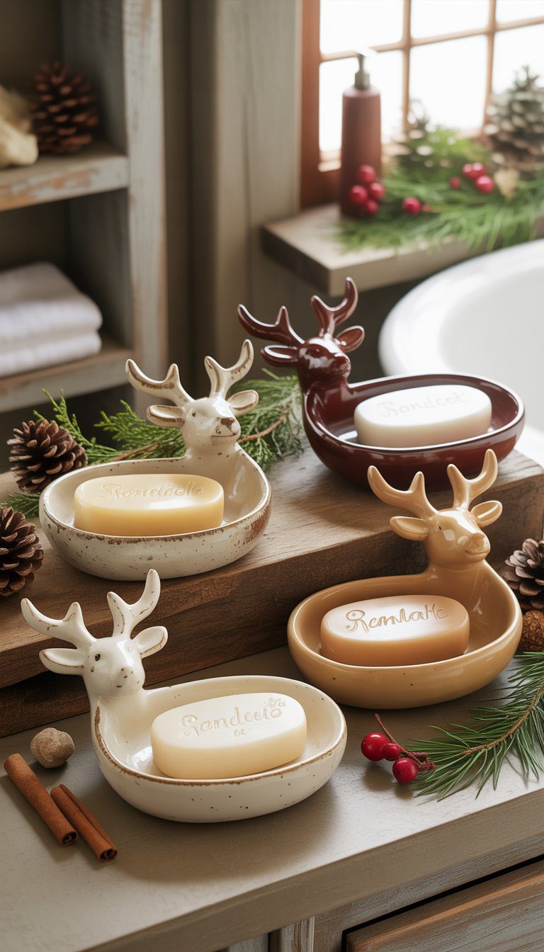 Ceramic reindeer-shaped soap dishes on a rustic bathroom counter with Christmas decorations like pinecones and evergreen sprigs.