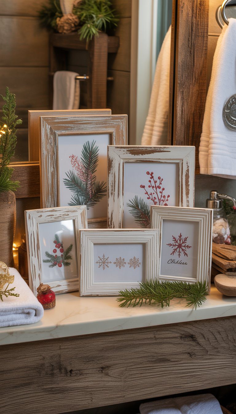 Distressed wood picture frames with holiday prints displayed on a bathroom shelf surrounded by Christmas decorations.