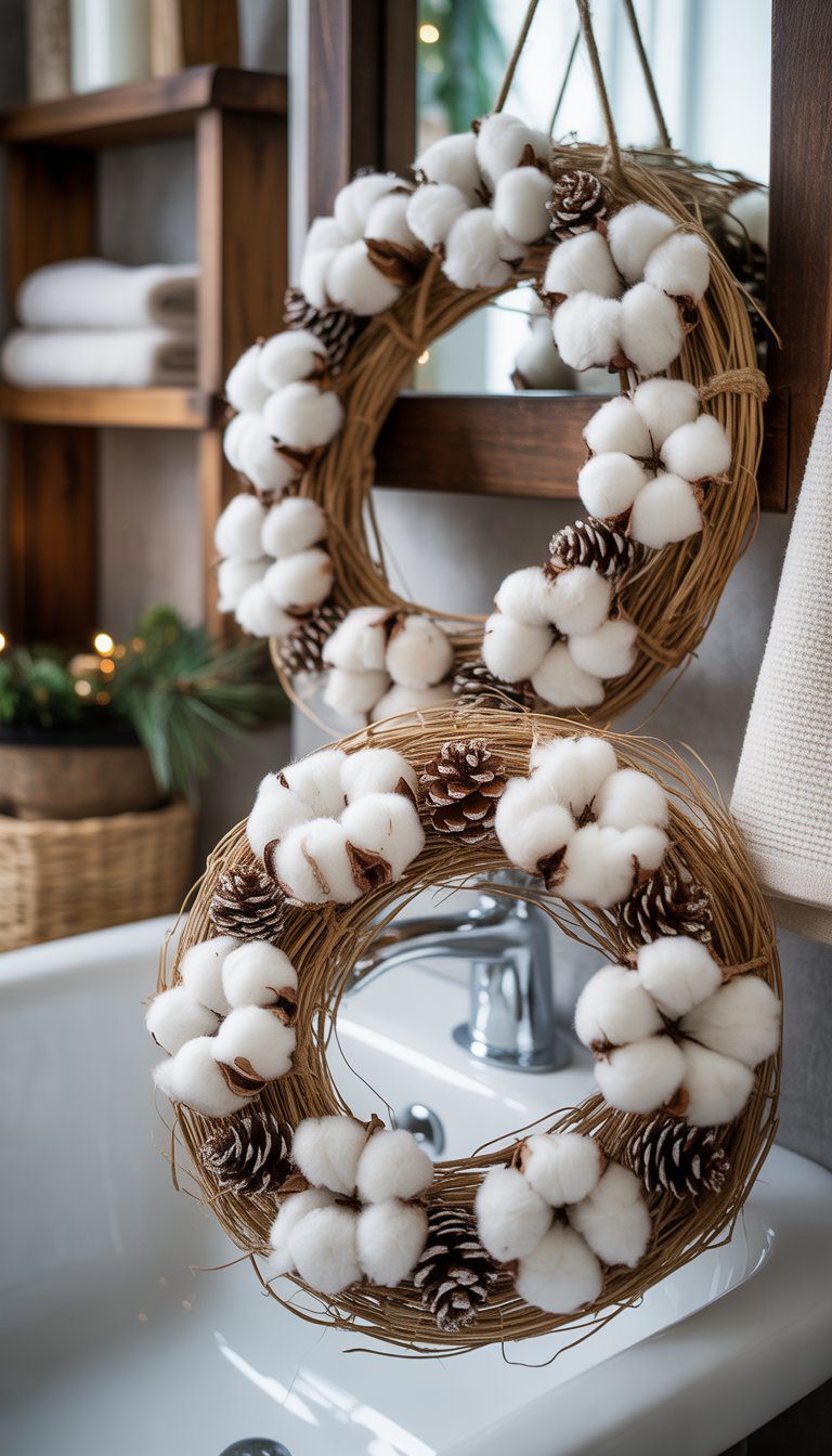 Cotton wreaths decorated with twine and small pinecones displayed in a bathroom setting with towels and wooden shelves.