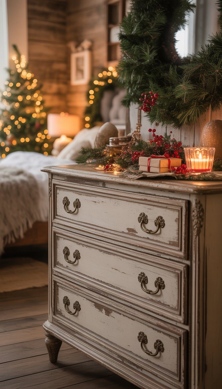 A distressed wooden dresser with brass handles in a bedroom decorated for Christmas, featuring pine garlands, red berries, and a lit candle.