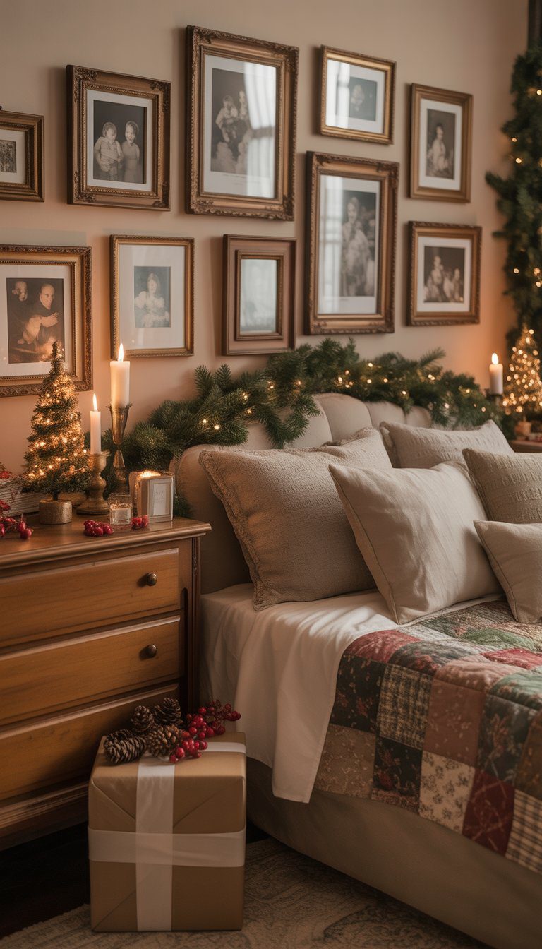 A bedroom decorated for Christmas with framed family photos on the wall, a small Christmas tree, and holiday decorations around the room.