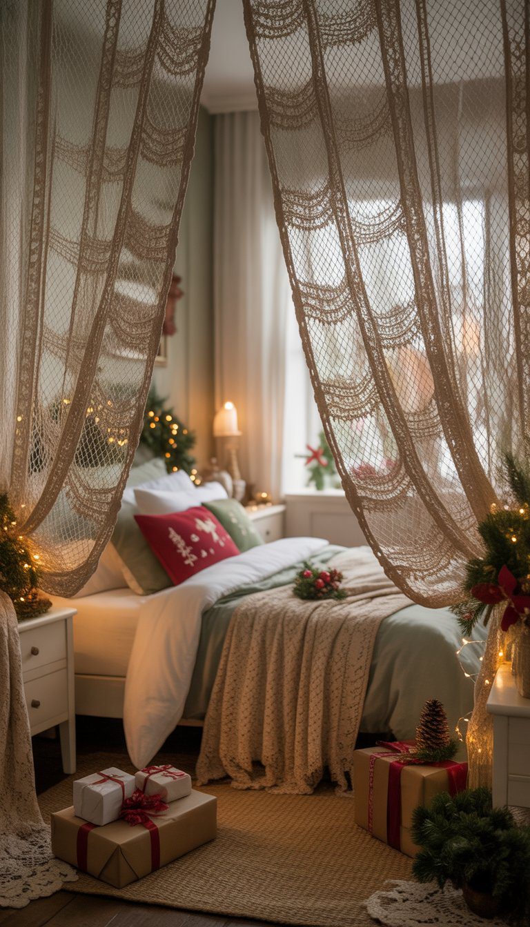 A cozy bedroom with crocheted lace curtains and Christmas decorations, including a bed with holiday bedding and wrapped presents.