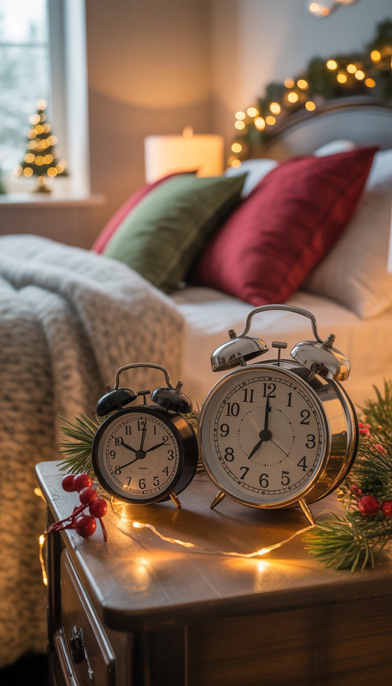 A bedside table with two vintage alarm clocks surrounded by Christmas decorations next to a cozy bed with holiday-themed blankets.