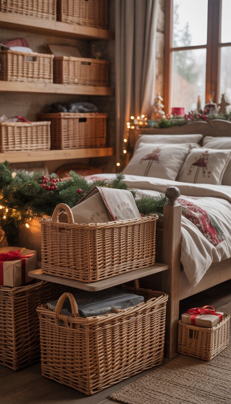 A vintage bedroom decorated for Christmas with woven wicker baskets used for storage, a wooden bed, and holiday decorations.