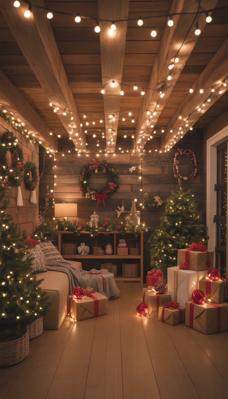 Basement decorated for Christmas with warm white LED fairy lights along exposed wooden beams and festive decorations.