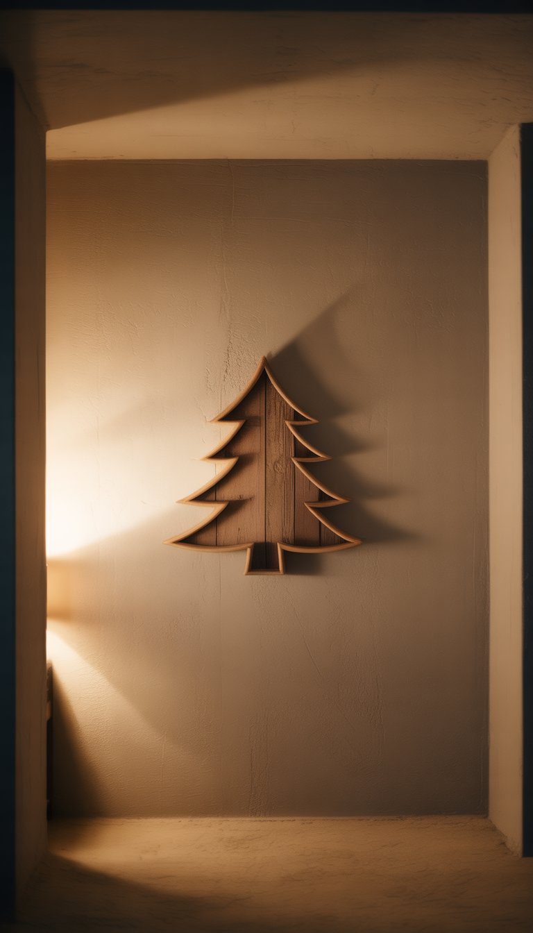 A rustic wooden Christmas tree silhouette on a blank basement wall.