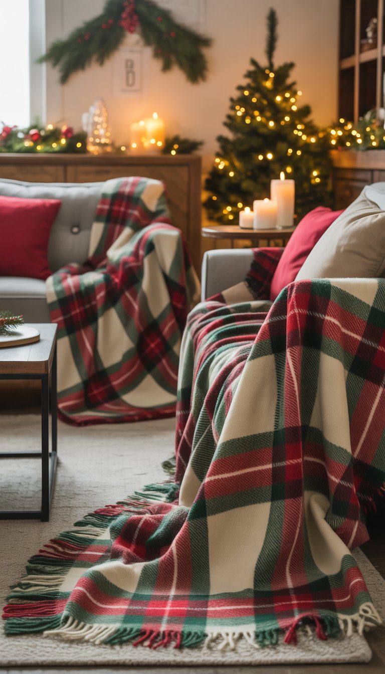 A basement living area with plaid throw blankets on seating and Christmas decorations creating a warm holiday atmosphere.