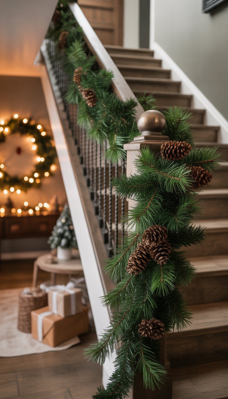 A basement staircase decorated with faux evergreen garlands and pinecones wrapped around the railings for Christmas.