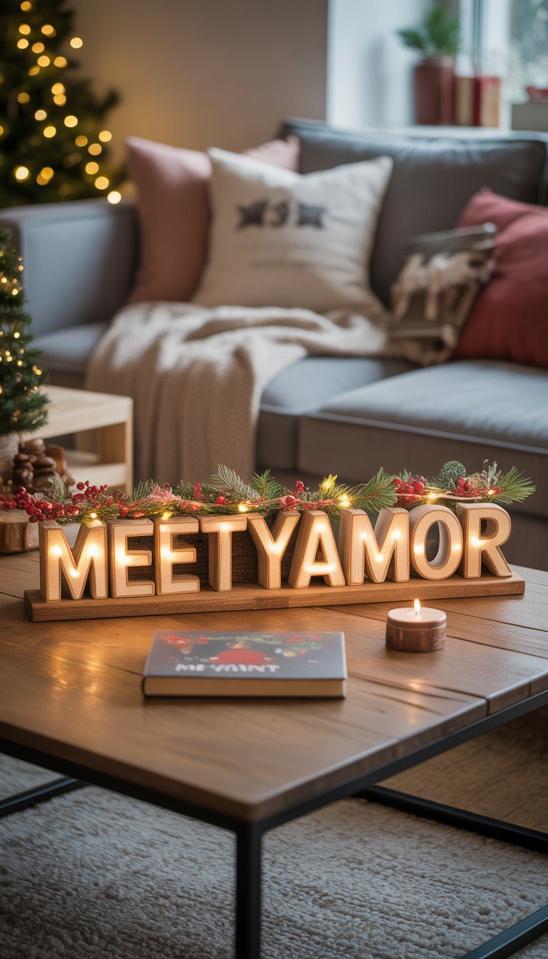 A living room coffee table with a wooden Christmas centerpiece surrounded by festive decorations and soft lighting.