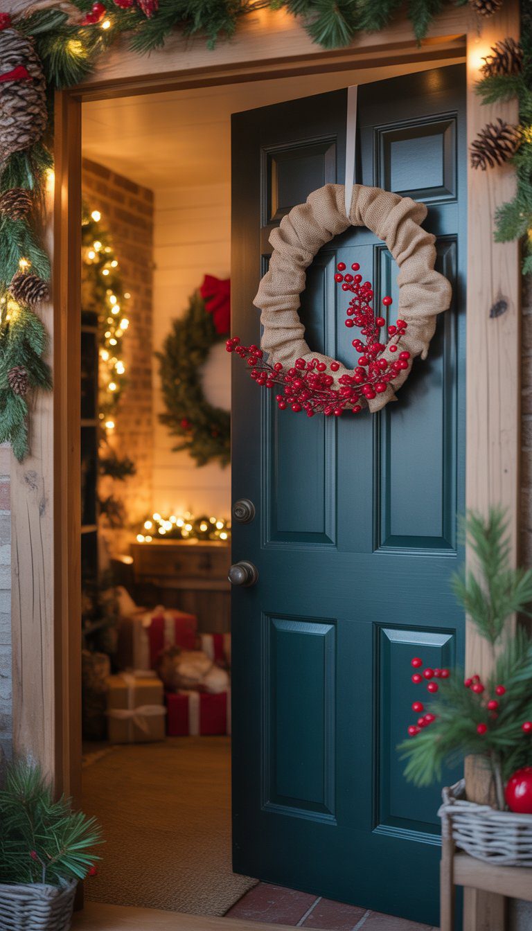 A basement door decorated with a simple burlap wreath featuring red berries and surrounded by subtle Christmas decorations.