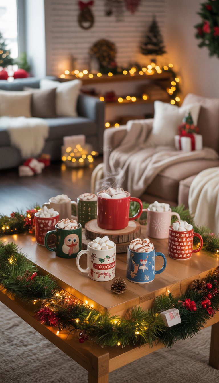 A cozy basement corner with a mini hot cocoa station featuring festive mugs, surrounded by Christmas decorations and comfortable seating for family movie nights.