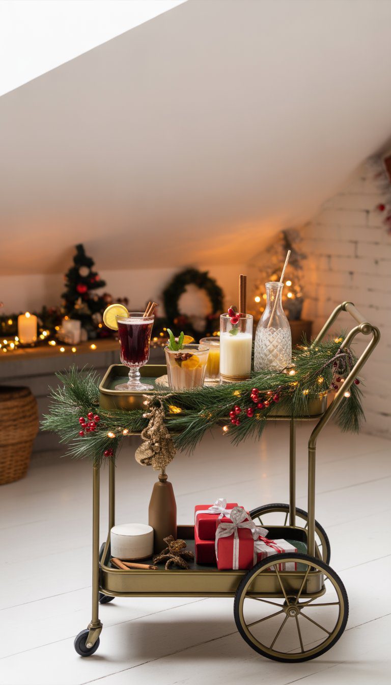 A vintage-style bar cart decorated with Christmas greenery, lights, and festive drinks in a cozy basement setting.