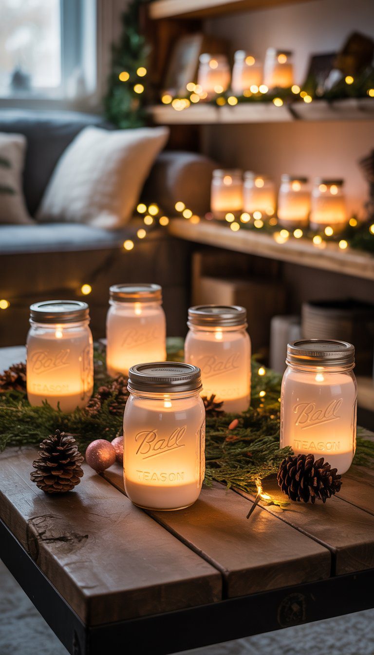 Mason jars with battery-operated tealight candles glowing softly on a wooden table surrounded by Christmas decorations in a basement.