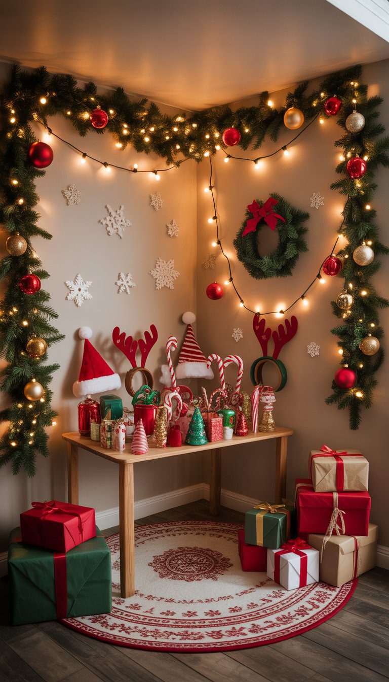 A basement corner decorated for Christmas with holiday props arranged for a photo booth including Santa hats, reindeer antlers, and wrapped presents.