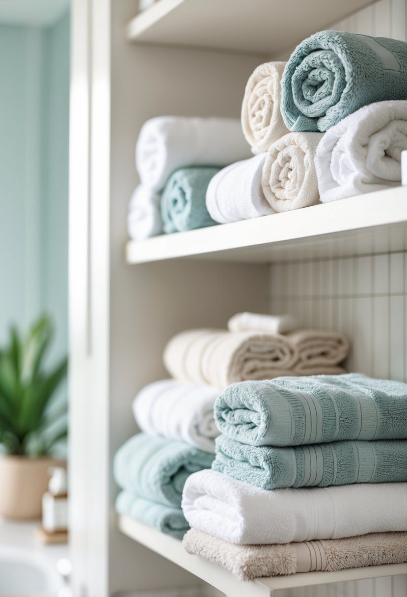 A bathroom shelf with neatly folded towels arranged in different styles and colors, with a plant and soap dispenser in the background.