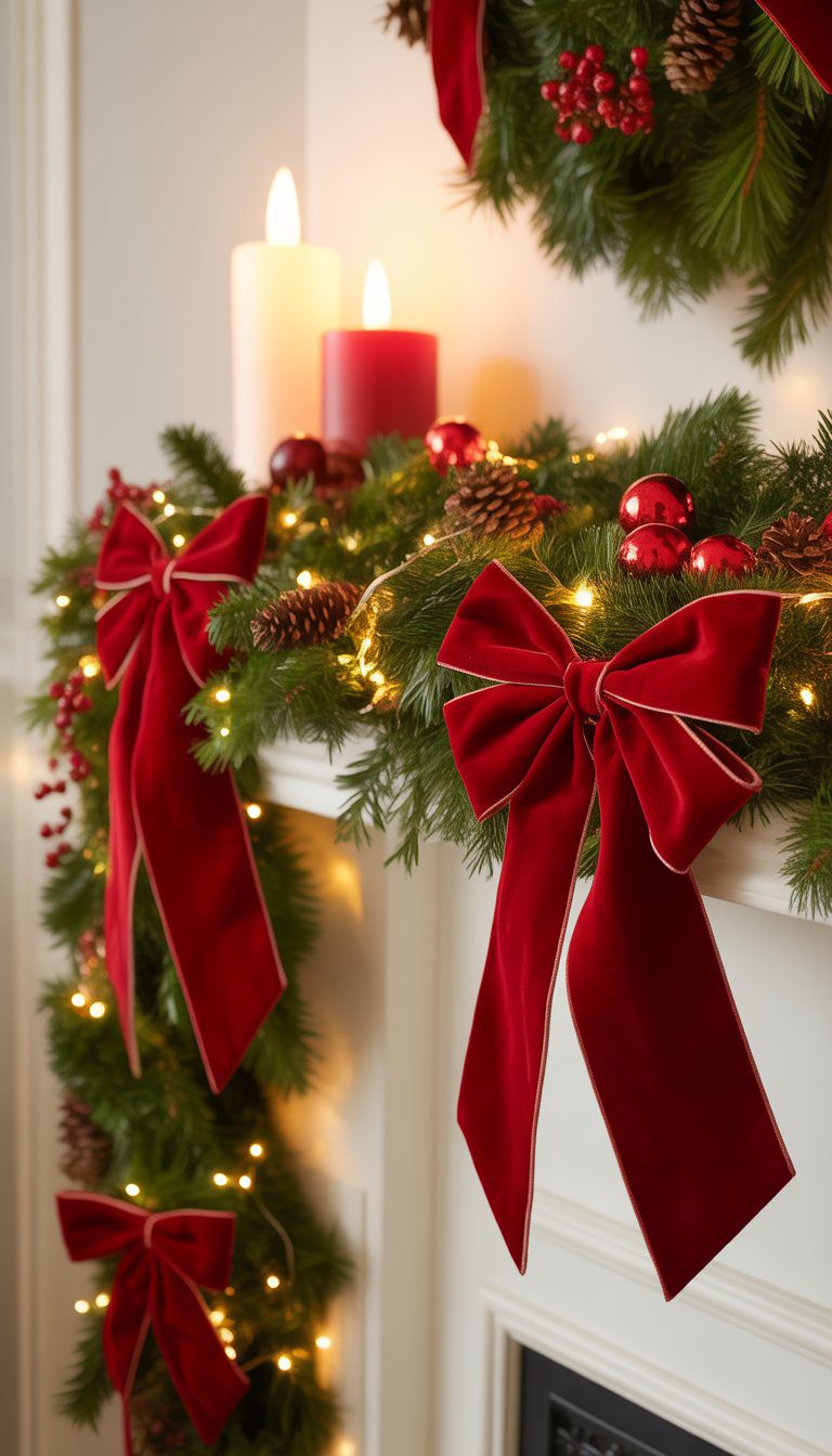 A mantel decorated with red velvet bows, green garlands, pinecones, and white fairy lights for Christmas.