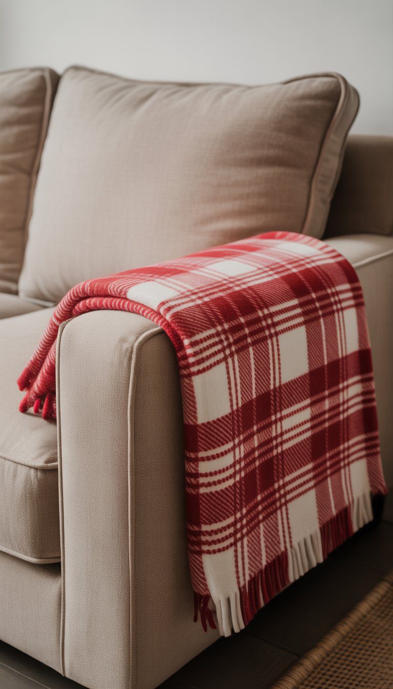 A neutral sofa with a red and white plaid throw blanket folded over its armrest.