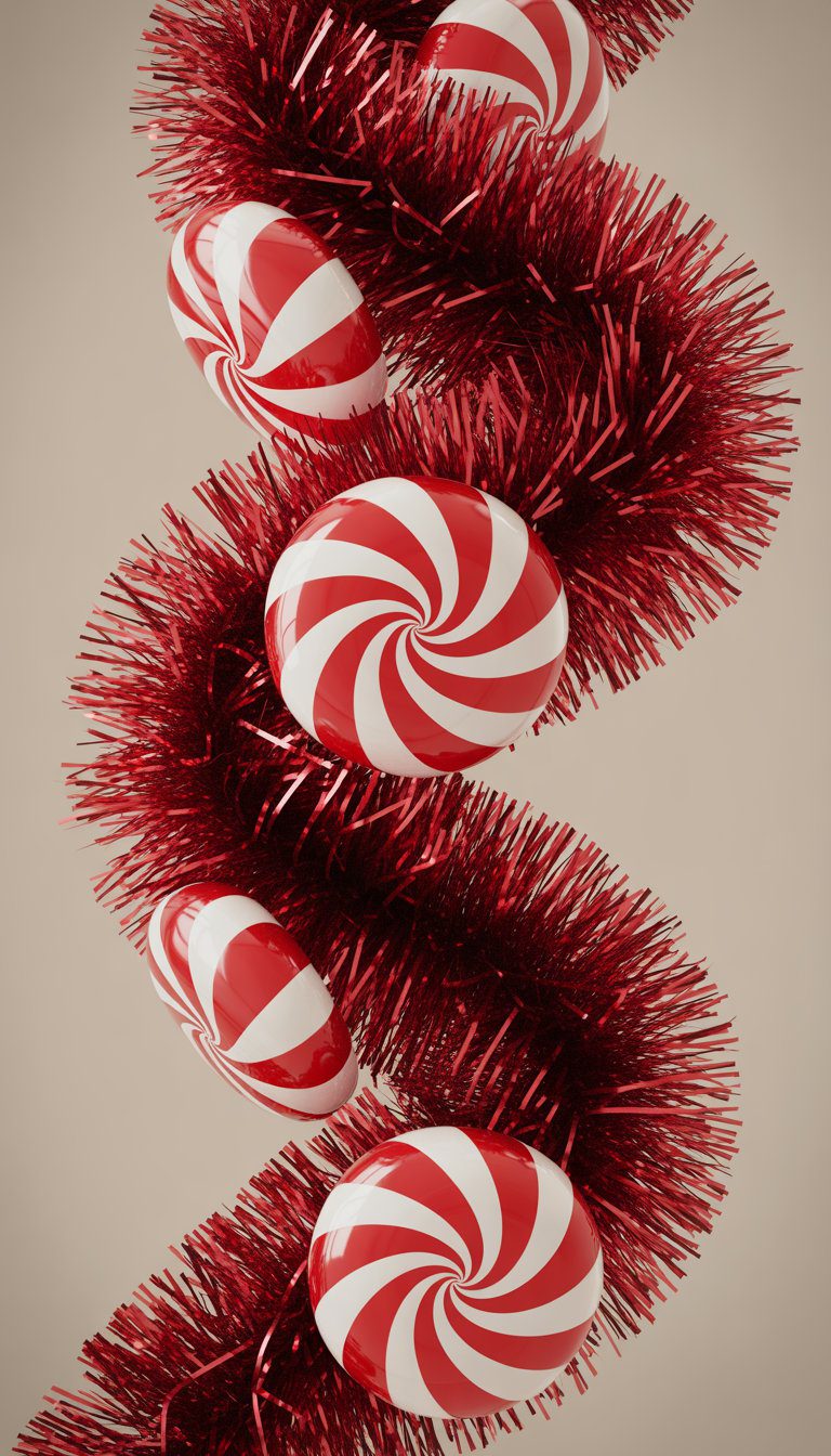Red tinsel garland decorated with large red and white peppermint swirl accents on a neutral background.