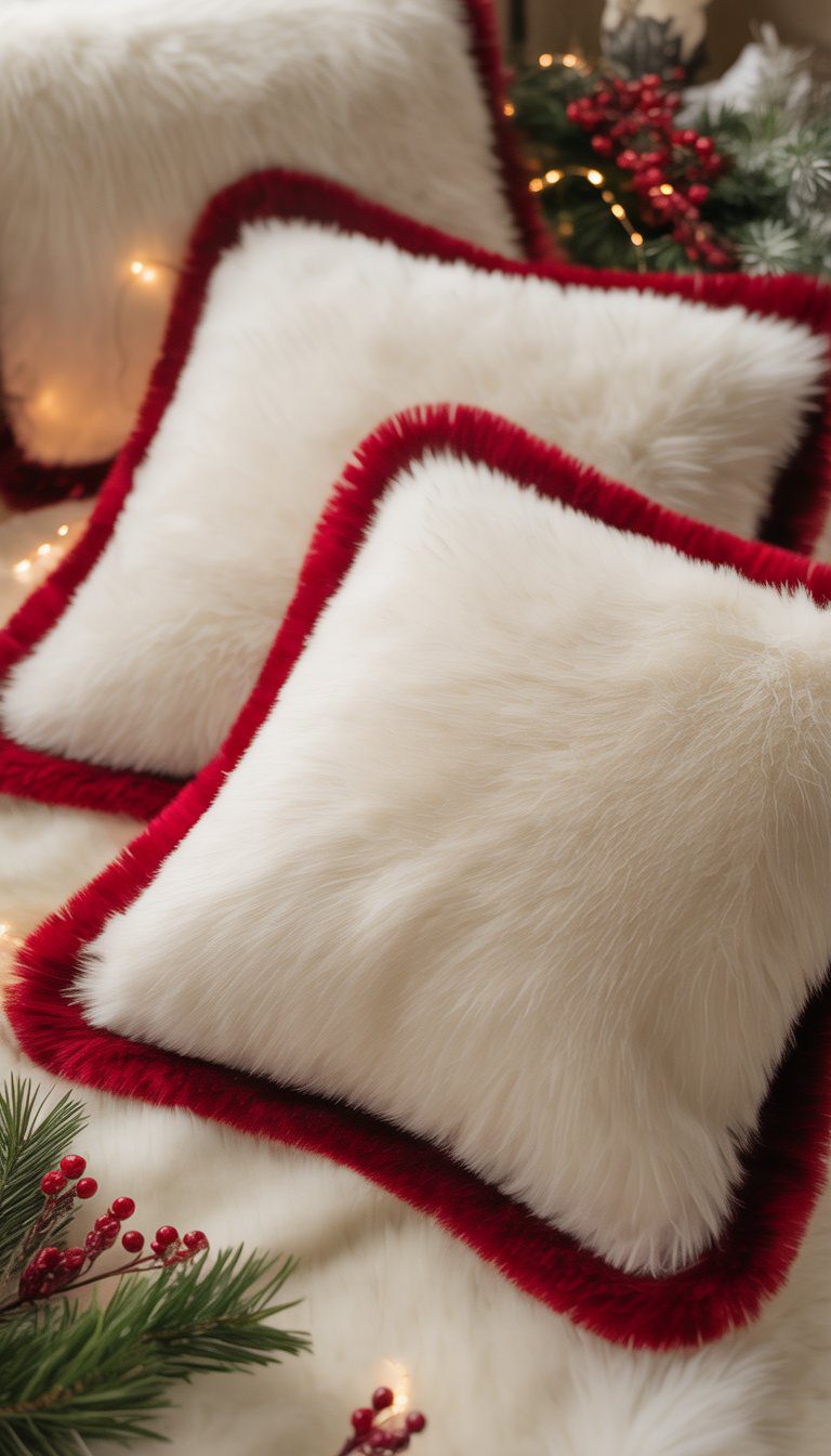 Soft white faux fur pillows edged with red piping arranged with Christmas decorations including pine branches and red berries.
