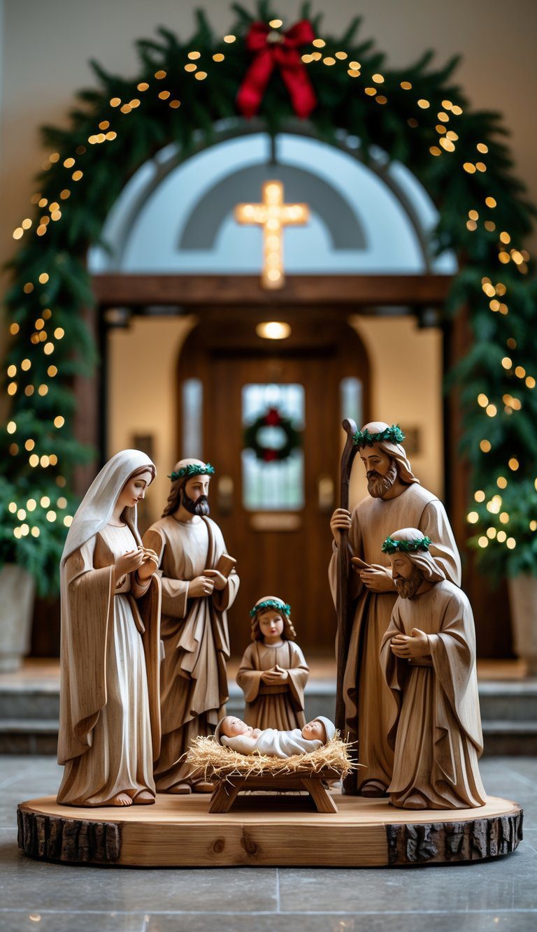 A wooden nativity scene with figures of Mary, Joseph, baby Jesus, wise men, shepherds, and animals near a church entrance decorated for Christmas.