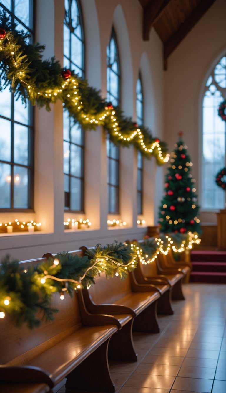 Church lobby decorated with soft amber fairy lights along window sills and Christmas greenery.