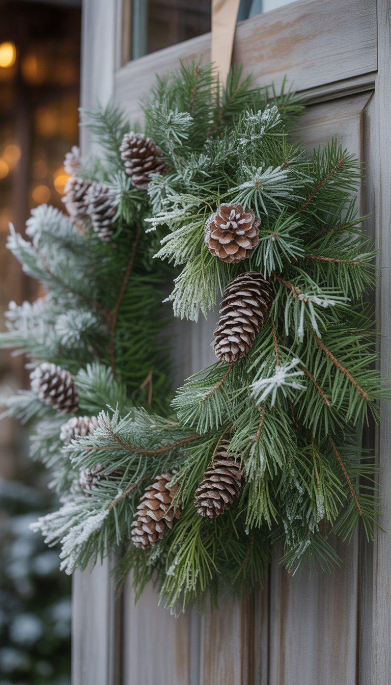 A frosted evergreen wreath with pinecones hanging on a wooden door.