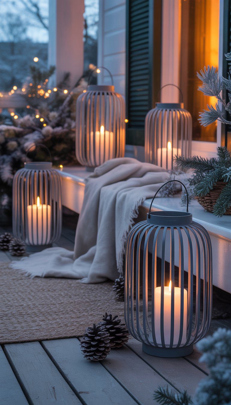 A winter porch with large lanterns holding glowing candles creating warm, cozy spots of light.
