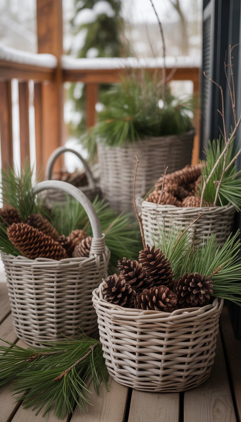 Baskets filled with pinecones, green pine branches, and twigs arranged on a wooden porch floor.