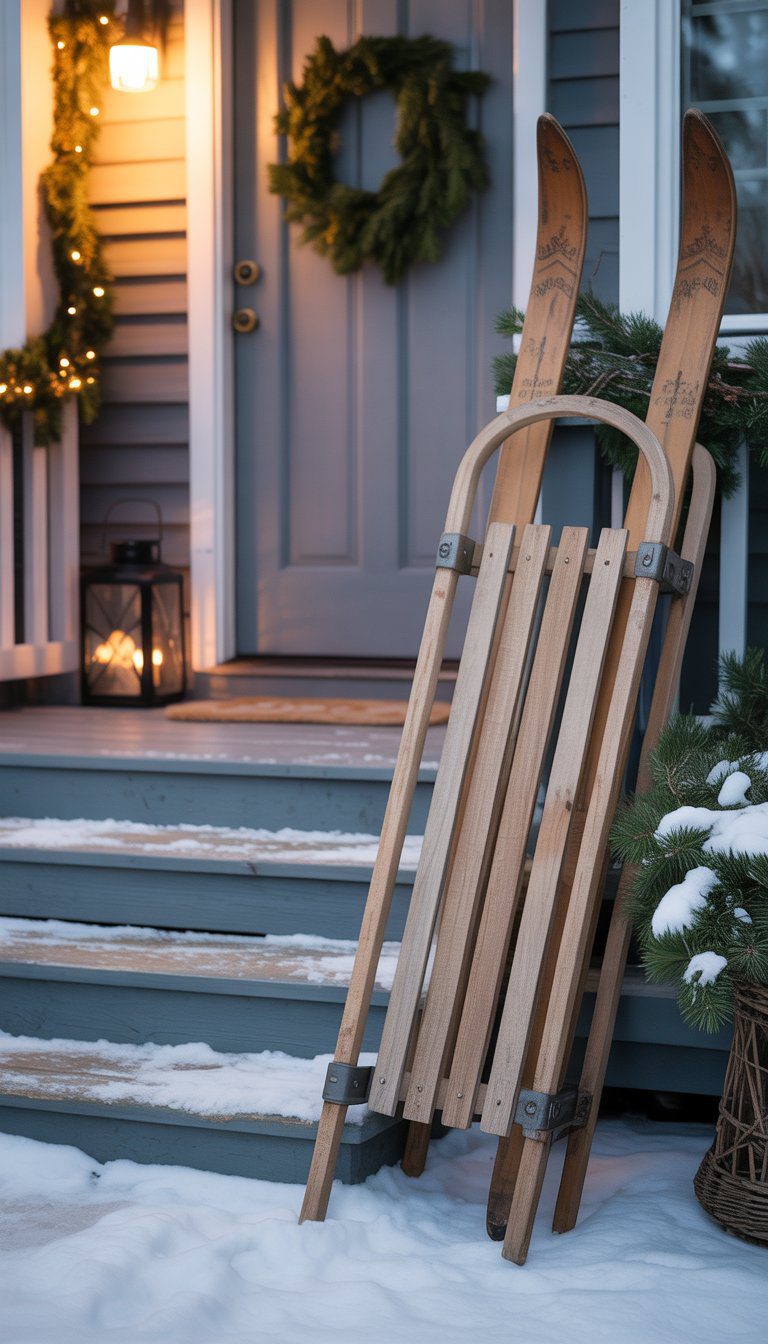 A winter porch with a rustic wooden sled and vintage skis placed by the front door, surrounded by pine garlands and soft snow.