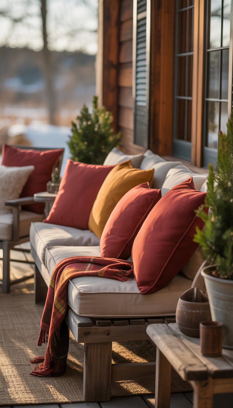 A winter porch with wooden furniture and warm-colored cushions surrounded by evergreen plants and light snow outside.