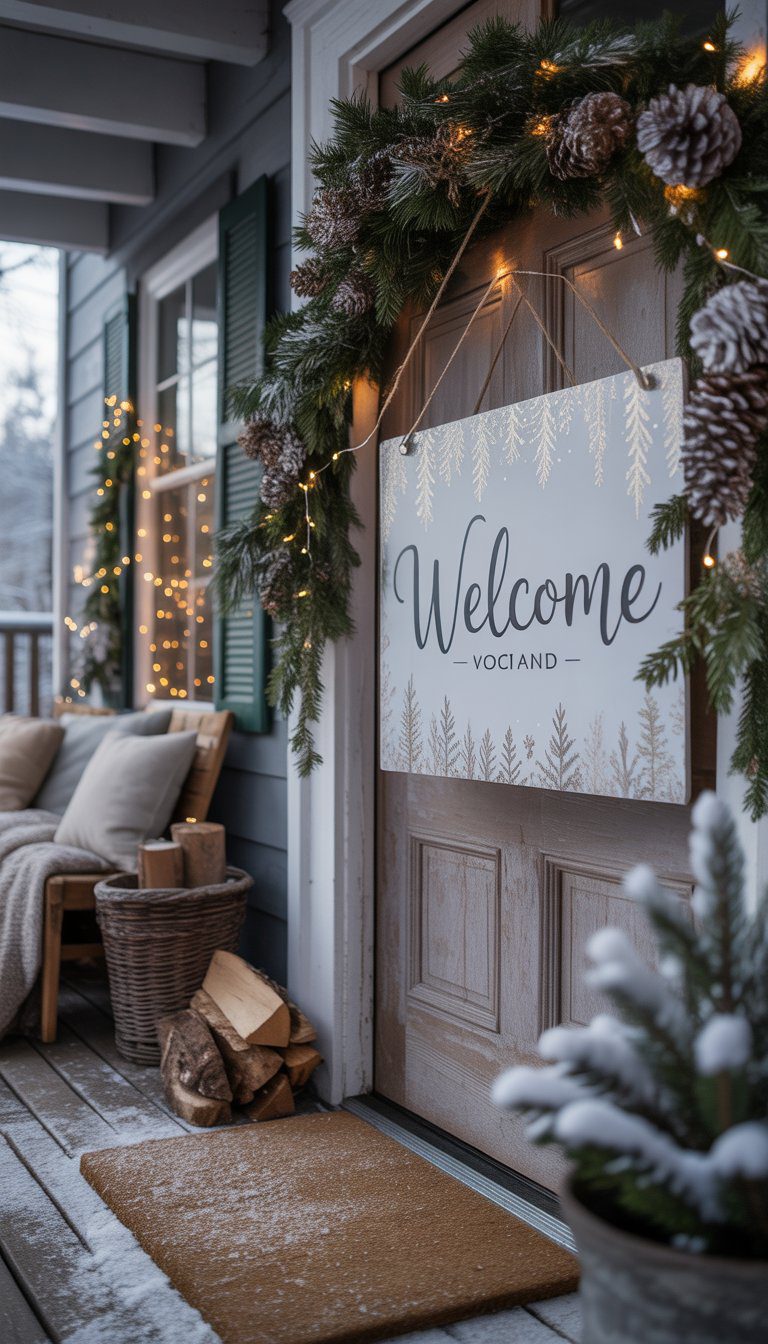 A winter porch with a welcome sign being hung on a wooden door, decorated with pine garlands, pinecones, and fairy lights.
