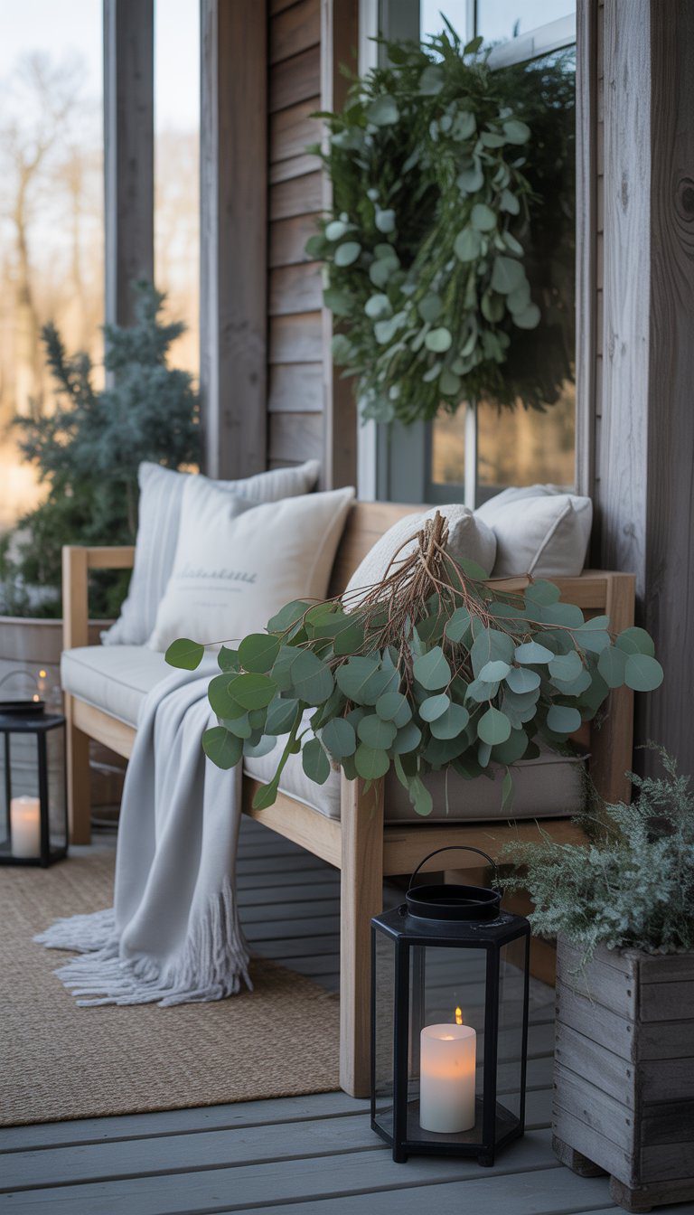 A winter porch decorated with fresh eucalyptus bundles, cozy seating, and soft lighting.