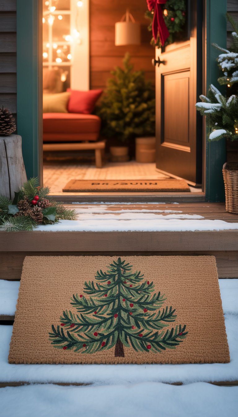 A hand-painted evergreen tree doormat on a wooden porch with snow falling and festive decorations around a front door.