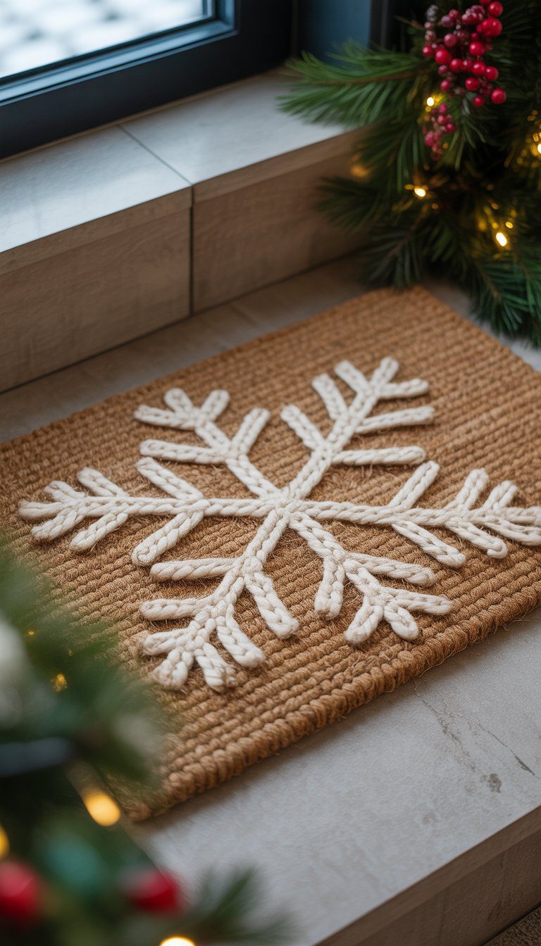 A Christmas doormat with a snowflake pattern made of natural fibers placed on a doorstep with holiday decorations nearby.
