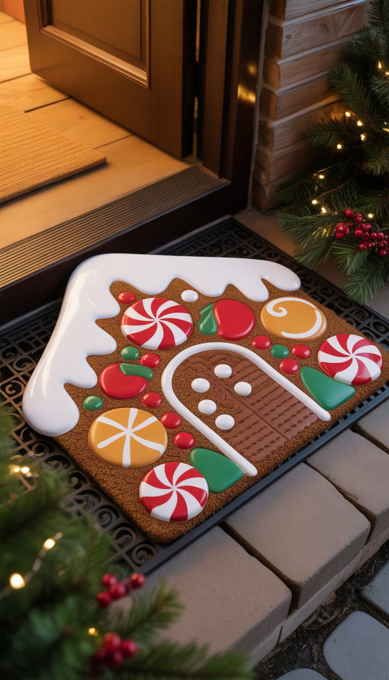 A gingerbread house-inspired Christmas doormat decorated with candy patterns at the entrance of a warmly lit home surrounded by holiday greenery and lights.
