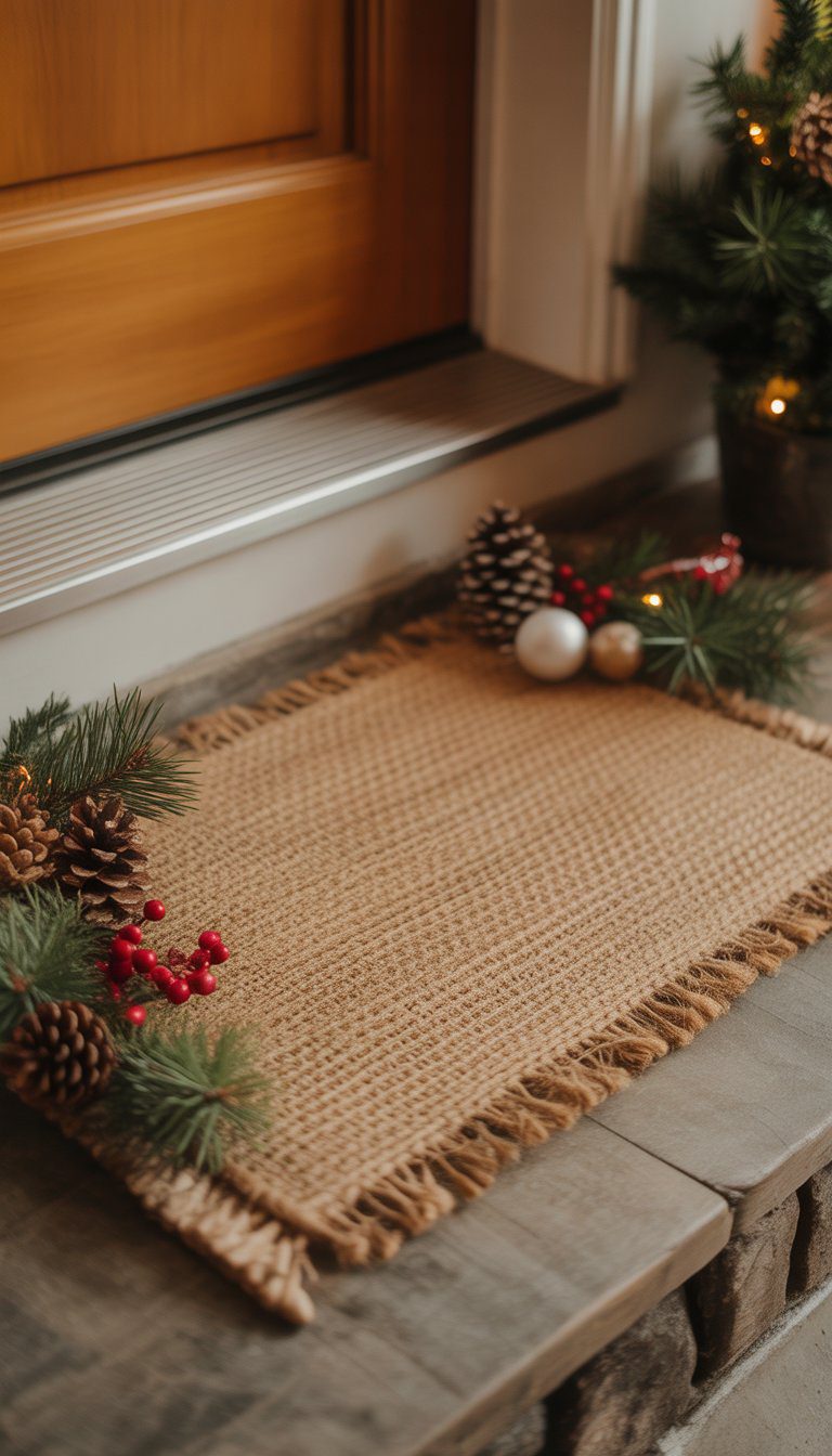 A burlap doormat decorated with holiday pine cones and berries at the entrance of a home.
