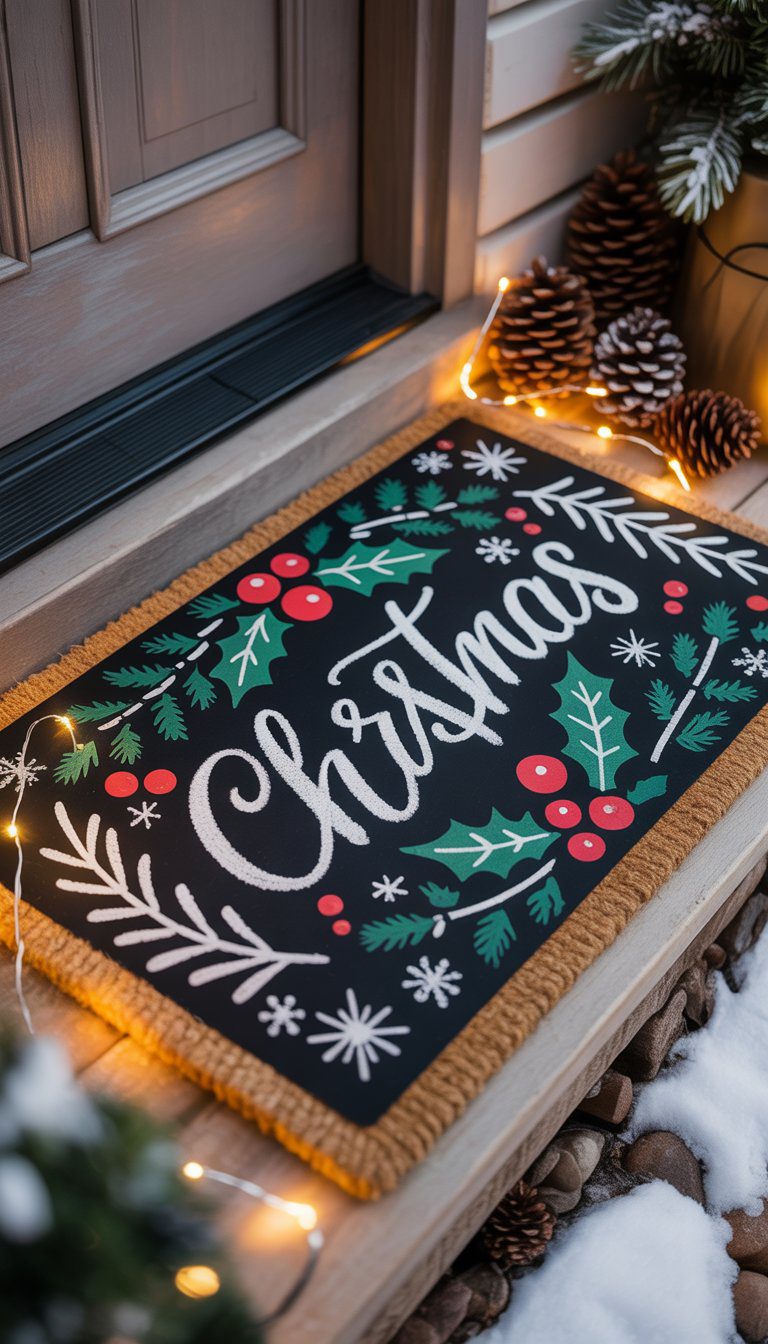 A Christmas doormat with holiday decorations placed at the entrance of a home.