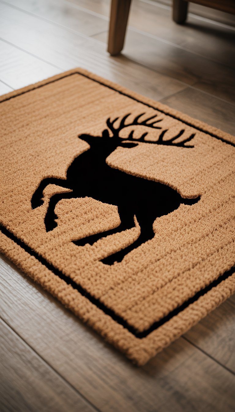 Close-up of a natural rubber doormat with a reindeer silhouette on a wooden floor.