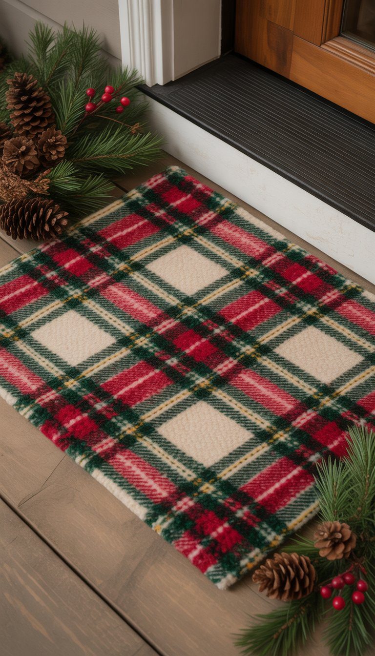 A plaid fabric doormat with Christmas decorations on a wooden porch floor at a home entrance.