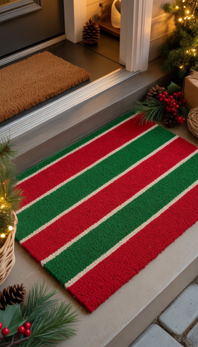 A red and green striped coir doormat placed at a home's wooden doorstep with holiday decorations around it.