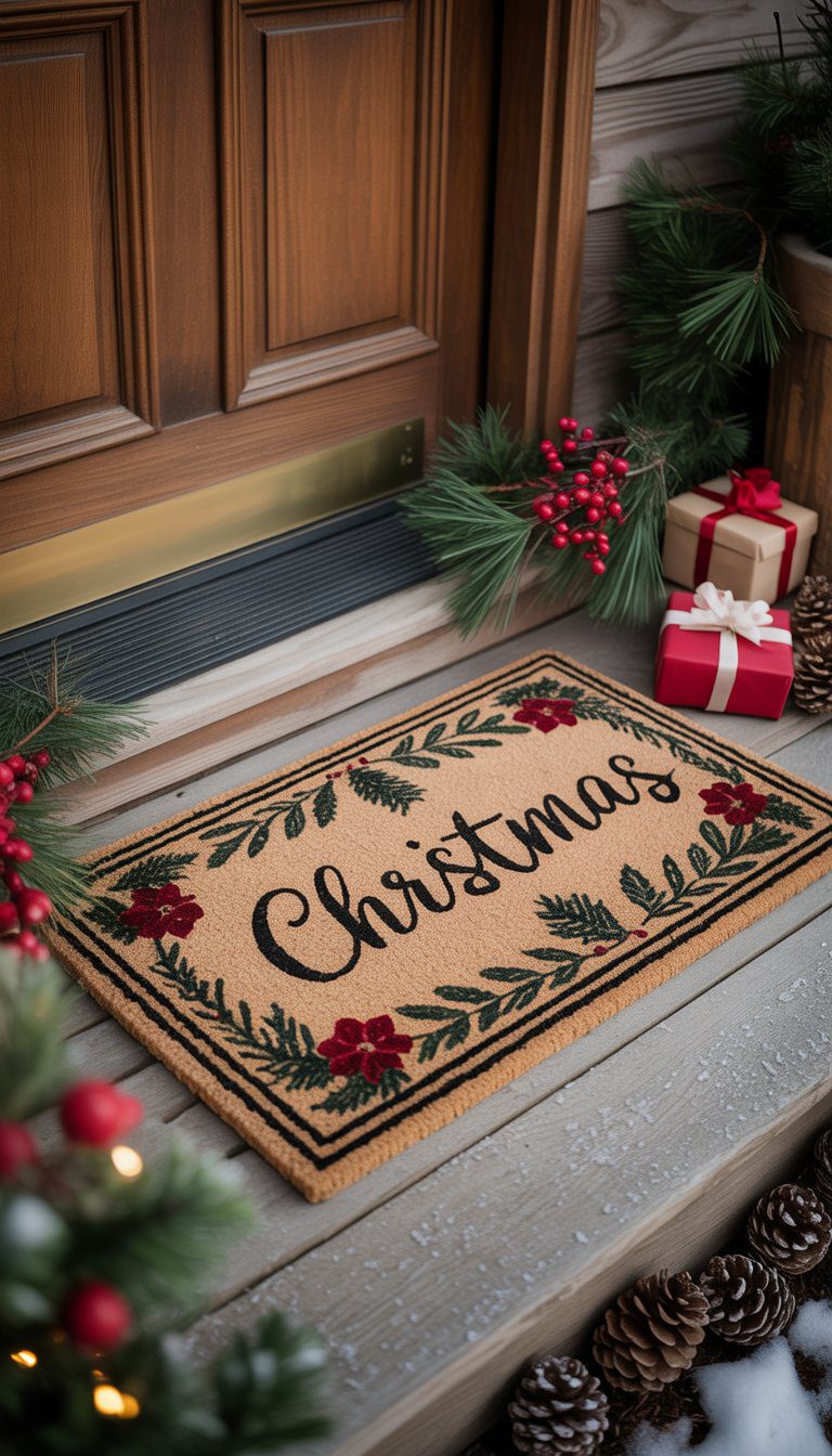 A decorated front porch with a festive Christmas doormat surrounded by holiday decorations like pine garlands, berries, and gift boxes.