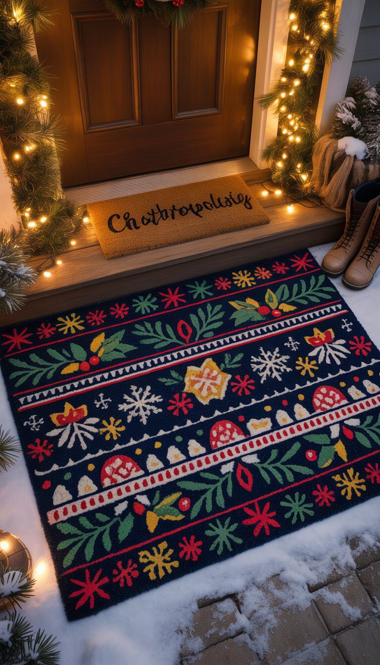 A colorful Christmas doormat with festive patterns placed at a wooden doorstep decorated with garlands, fairy lights, and winter boots nearby.